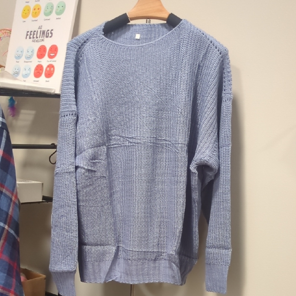 Cozy Relaxed Fit Blue Textured Chunky Cable Knit Rustic Ranch Crewneck Sweater
